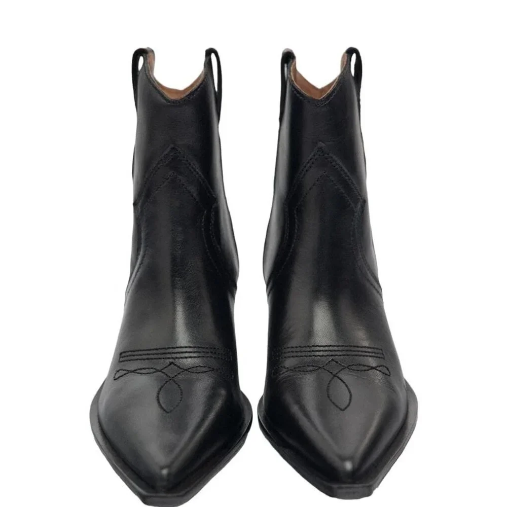 ZARA LEATHER COWBOY ANKLE BOOTS WITH SHORT LEG BLACK SIZE 6 | 1121/010